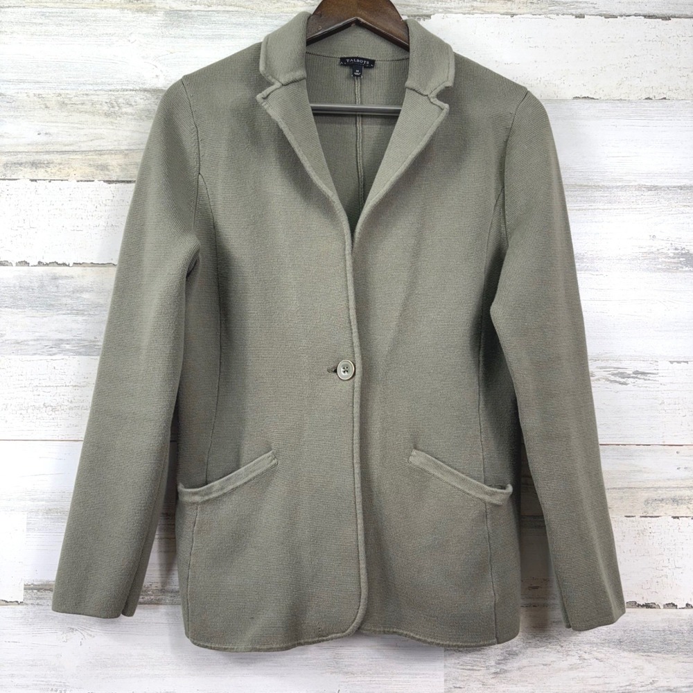 Talbots Knit Blazer Womens M Olive Green Single Button Textured Professional